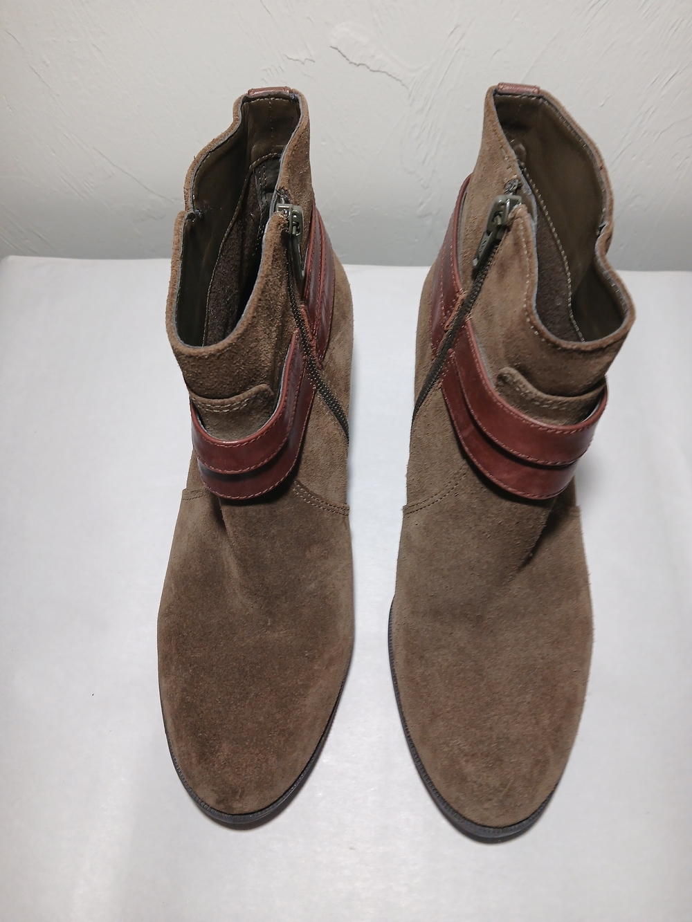 Dark Olive Green Suede Ankle Boots with Brown Leather Strap 7M